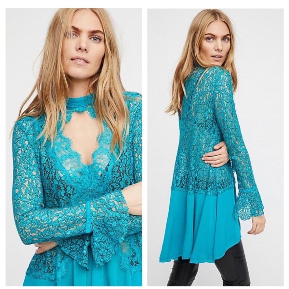 Blue teal long sleeve lace top free people small